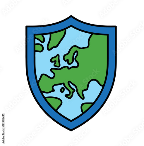 A shield displaying the continent of Europe with blue borders represents security and protection.