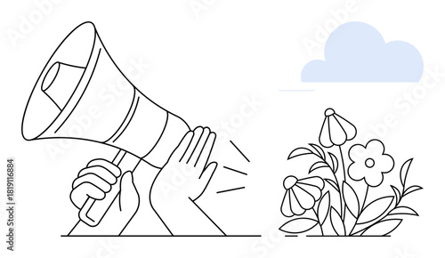 Hands holding megaphone amplifying voice near blooming flowers and cloud. Ideal for sustainability, activism, awareness, communication, environmentalism, social campaigns, growth. Simple flat