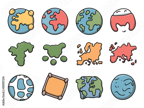 A collection of whimsical, hand-drawn illustrations representing the Earth and its continents in various stylized forms.