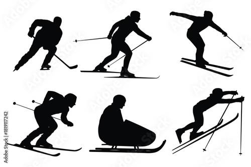 Winter sports icon set featuring vector black symbols of skiing and snowboarding, perfect for glyph illustrations, sports graphics, winter activity designs