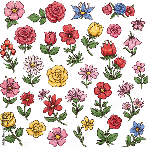 An assortment of colorful abstract plants and flowers in a hand-drawn doodle style, isolated vector illustration set for design