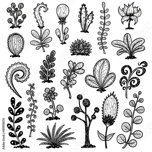 A vector assortment of twenty-five abstract plants and flowers, isolated on a white background in a whimsical doodle style
