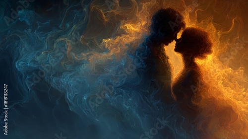Two figures in an intimate embrace, silhouetted and dissolving into swirling clouds of fiery orange and deep blue energy, symbolizing love, passion, and spiritual connection.