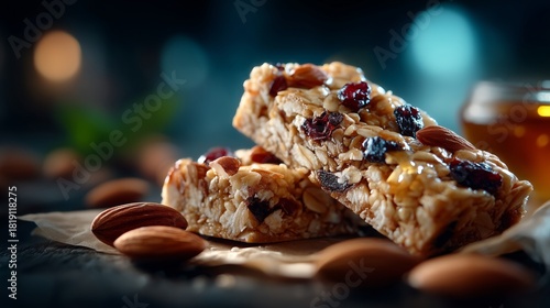 Two freshly baked granola bars, full of oats, nuts, and dried cranberries, drizzled with honey, with loose almonds nearby.