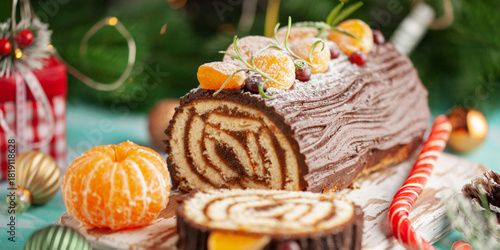 Yule log roll cake with chocolate ganache  on Christmas decorated background