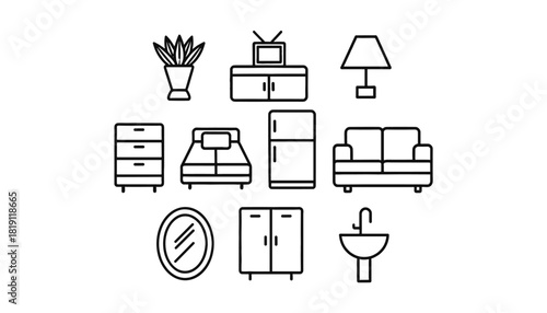 Home Interior and Furniture Line Icon Set: Potted Plant, TV Cabinet, Lamp, Nightstand, Bed, Refrigerator, Sofa, Mirror, Cupboard, and Sink for House Decoration and Real Estate