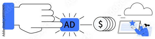 Hand pressing ad button, generating money, and leading to user interaction on digital content. Ideal for digital marketing, online advertising, revenue flow, user engagement, monetization, PPC