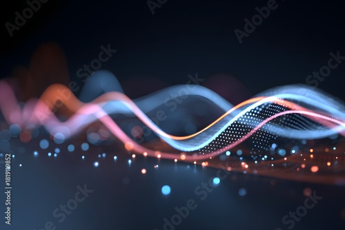 Minimal social media analytics dashboard abstract smooth lines glowing elements 3D render