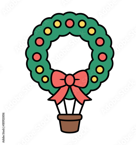 A festive Christmas wreath elegantly transforms into a hot air balloon, symbolizing a joyful holiday journey.