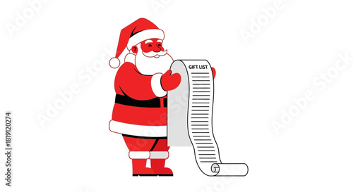 Santa claus holding a long scroll with a list of names isolated on