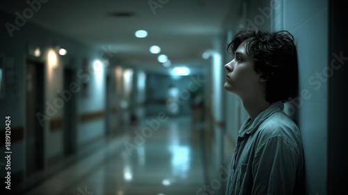 Young man leaning against a wall in a dark, empty psychiatric ward corridor, looking up with anxiety. Mental health and hospital concept.