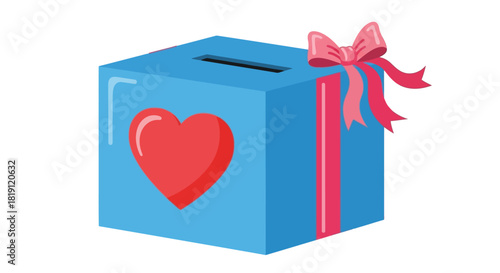 Blue donation box with red heart and pink ribbon for charity