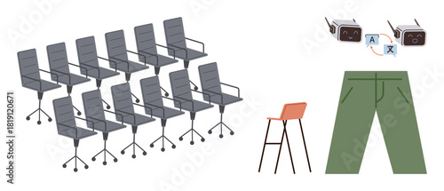 Modern office chairs in rows, a bar stool, VR glasses, and green pants symbolizing creativity, technology, and casual dynamics. Ideal for office life, innovation, conferences virtual reality