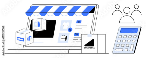 Laptop with storefront awning, product listings, shopping bags, calculator, and user icons. Ideal for online shopping, retail, e-commerce, small business digital transactions marketing consumer