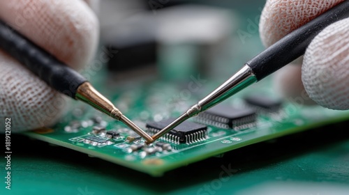 electronics repair technician focused on meticulous circuit board testing — macro style for quality control, engineering maintenance, and microelectronics education, showcasing precision probes and