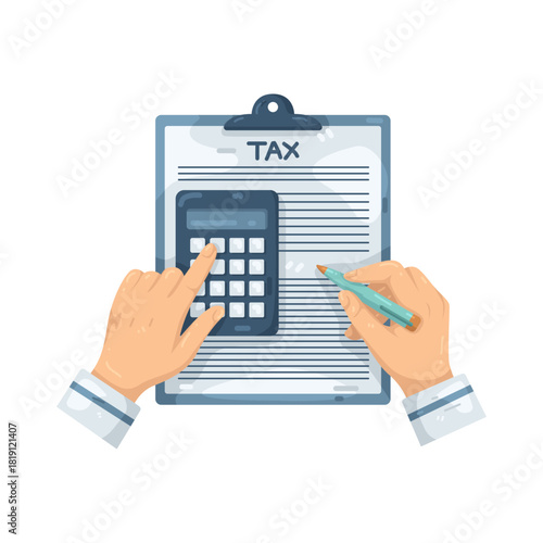 Illustration of Filling Out Tax Form with Calculator