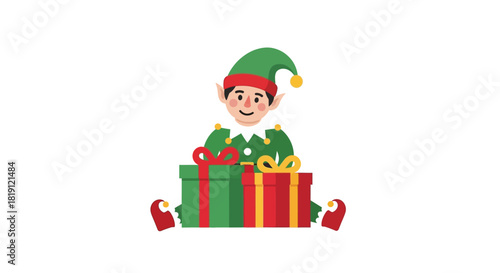 Cute christmas elf sitting with two wrapped gift boxes isolated on