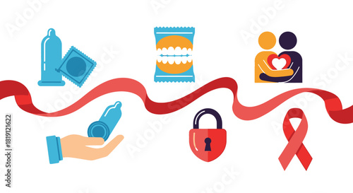 World aids day concept with condom, ribbon, couple, and lock