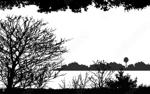 silhouette nature landscape tree vector black white background bush plant forest scene horizon
