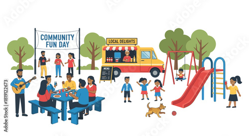 Community fun day event with people enjoying park activity and food truck