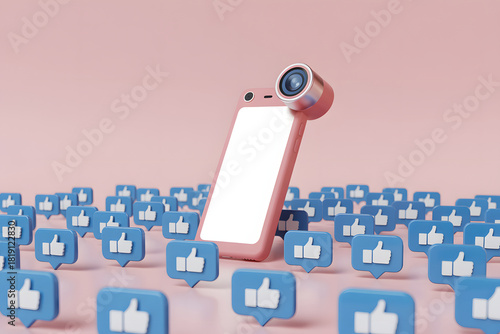 Smartphone with Camera Lens Surrounded by Social Media Likes