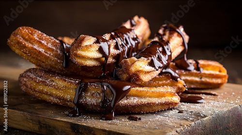 Delicious churros drizzled with rich chocolate sauce.
