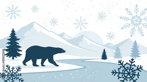 Majestic bear silhouette walking through snowy winter landscape with snowflakes falling gently from the sky