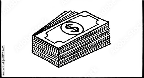 Vector of a stack of dollar bills, simple outline drawing, financial concept, isolated, high-contrast black and white