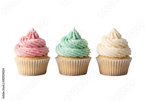 Three gourmet cupcakes, soft frosting, iridescent sugar, fluted liners, linearly on gray studio, 45-degree view, pristine dessert concept