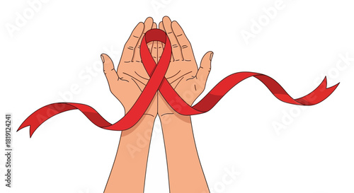 Hands holding a red ribbon symbol for aids awareness isolated on