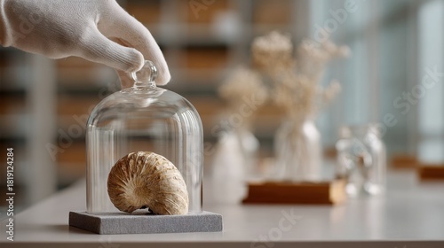 Fossil Conservation Museum curator gently securing ammonite under glass cloche — calm precision, clean minimal style — scientific curation display for education, preservation, and natural history