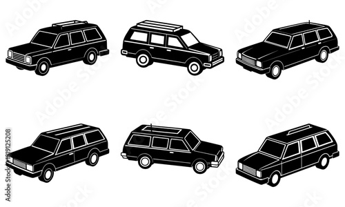 Classic station wagon collection, vintage automobile style, family travel, retro car design, nostalgic road trip, iconic vehicle models, vector art set
