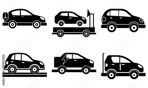 Collection of modern car silhouettes showing car towing, electric car, and general transportation in a simple graphic style, originally from vector graphics