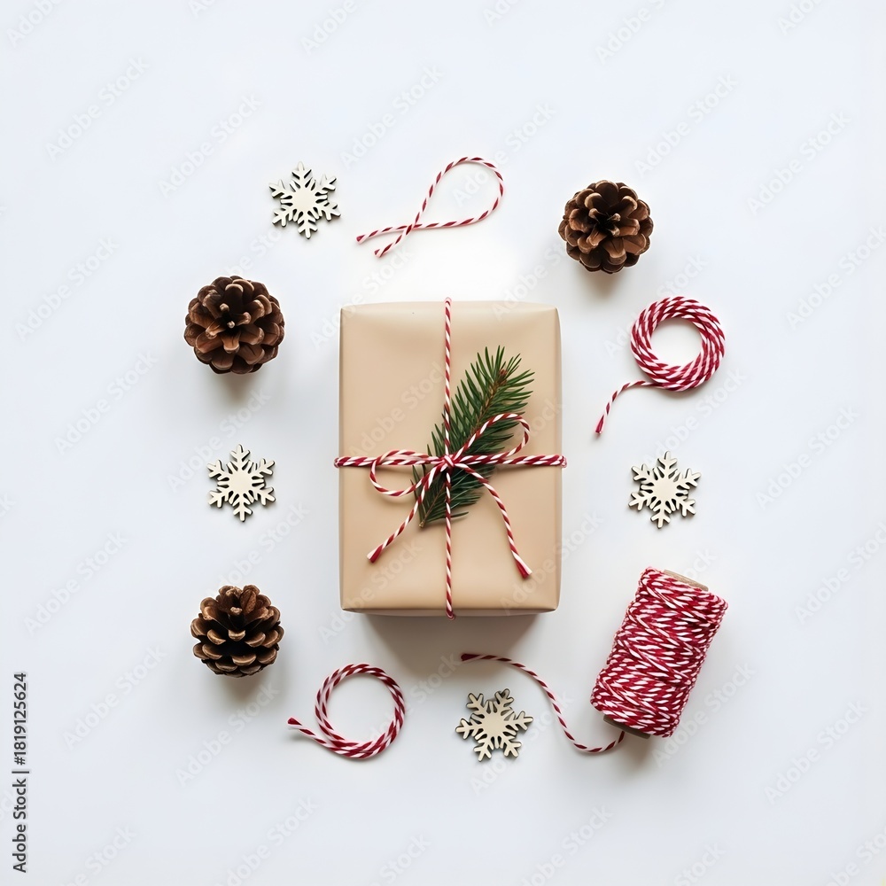 Obraz premium Minimal Christmas Flat Lay with Wrapped Gift, Pinecones and Twine on White Background