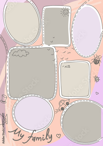 Frame in pink color for decorating children's and family photographs in doodle style.