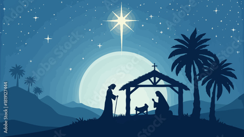 Peaceful Nativity scene silhouette with star of Bethlehem shining bright on a calm Christmas night
