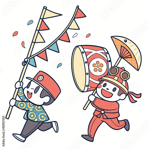 Children in festive attire participating in a parade with a drum and flags