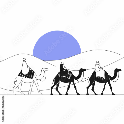 Caravan of camels crossing desert dunes under a large blue sun