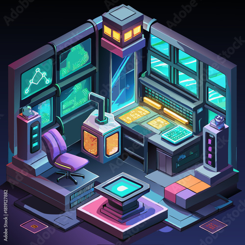 Futuristic isometric control room with glowing displays and technology