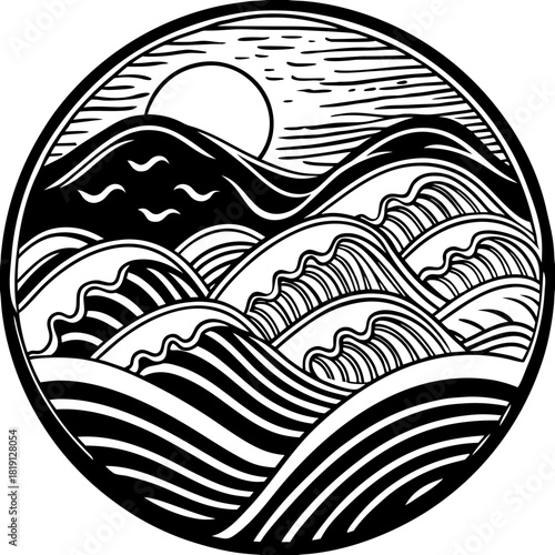 Stylized circular ocean waves and sun design