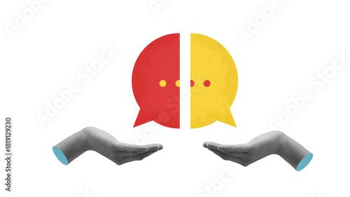 Foto Minimal graphic collage of speech bubbles supported by open hands