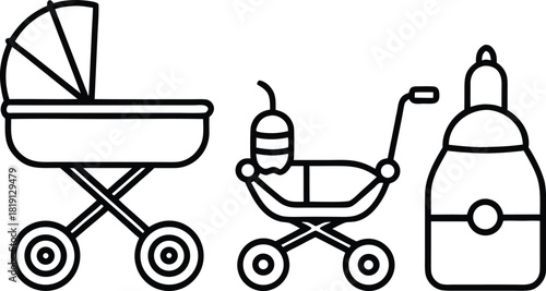 Baby stroller, pram and bottle line art icons on white background