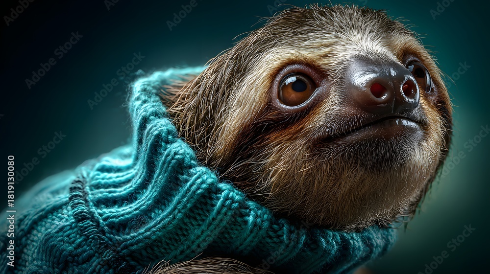 Naklejka premium Charming sloth in blue knitted sweater staring sweetly, perfect for animal-themed blog, cozy print project