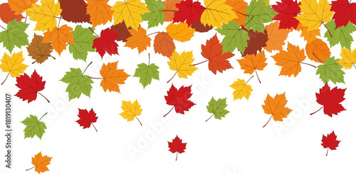 Vibrant autumn leaves in various fall colors falling against a clean white background, creating a seasonal border for design.