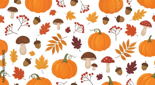 A vibrant seamless pattern featuring autumn elements like orange pumpkins, colorful leaves, mushrooms, acorns, and red berries on a white background.