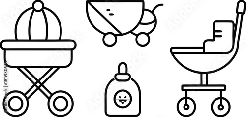 Baby accessories icons: stroller, pram, baby bottle, and high chair