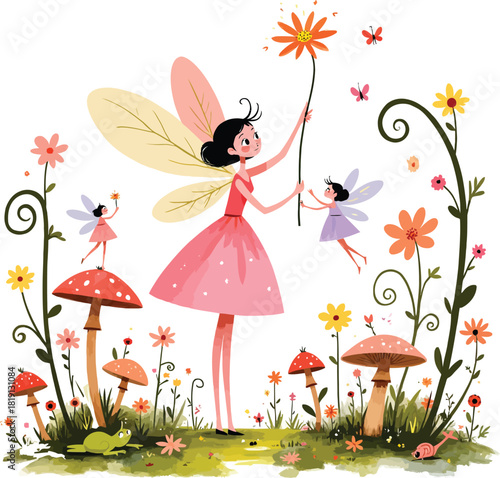 Magical fairy gathering in a whimsical flower garden illustration art