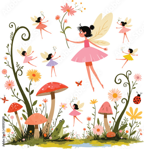 Whimsical fairy garden illustration with mushroom houses and flying fairies