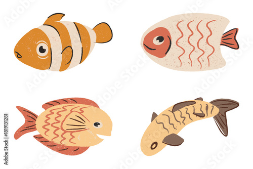 Four cute cartoon fish illustrations in different styles