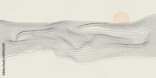 Vector abstract art landscape mountain with birds and sunrise sunset by blue line art texture isolated on white beige earth tone background.